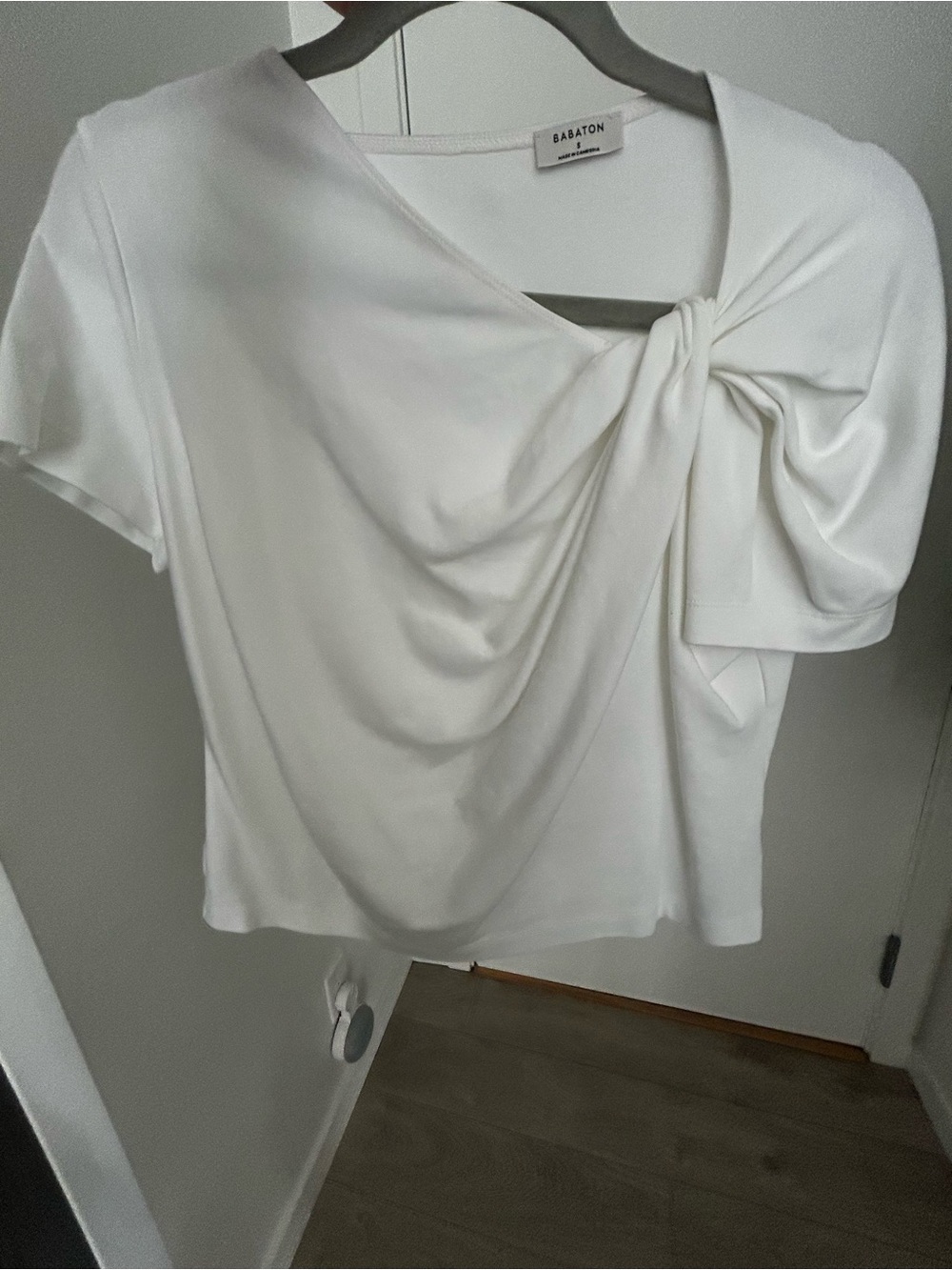 Babaton Fortuity White Draped Knot-Front Short Sleeve Top